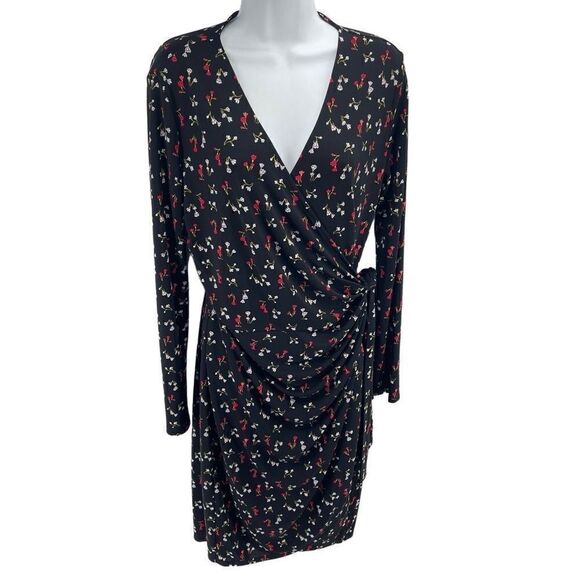 Lark & Ro Black floral long sleeve true wrap dress large dainty floral flowers m - Picture 5 of 16